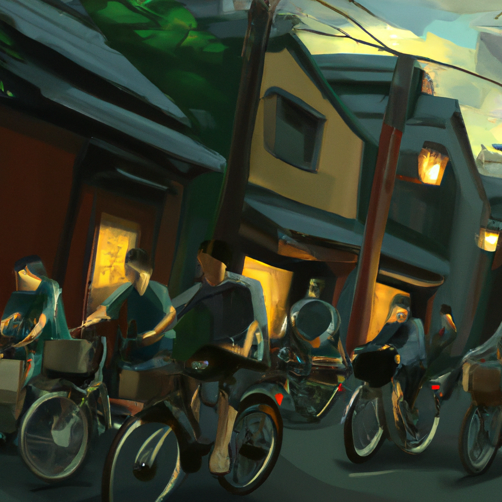 cycling tokyo, many bycicles, japan, izakaya, anime oil painting, high resolution, ghibli inspired, 4k