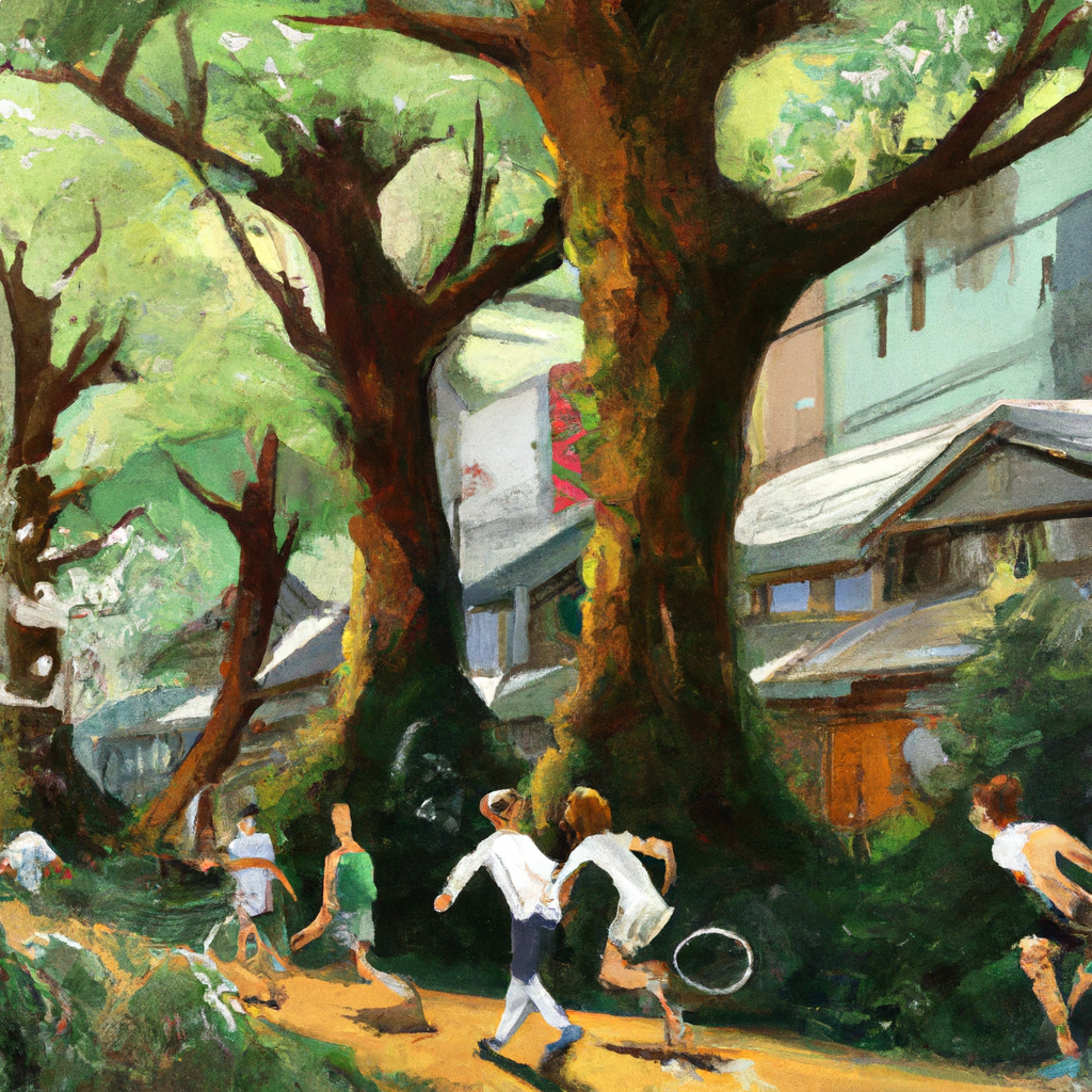 sporty athletes in tokyo, japan, olympics, trees, izakaya, anime oil painting, high resolution, ghibli inspired, 4k